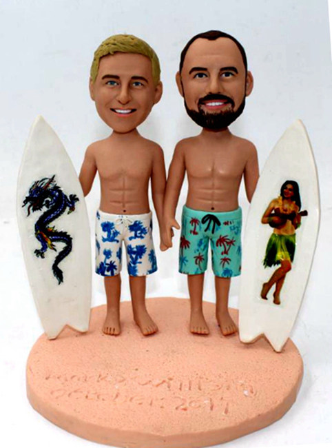 Custom 2 grooms cake topper with surfboard beach