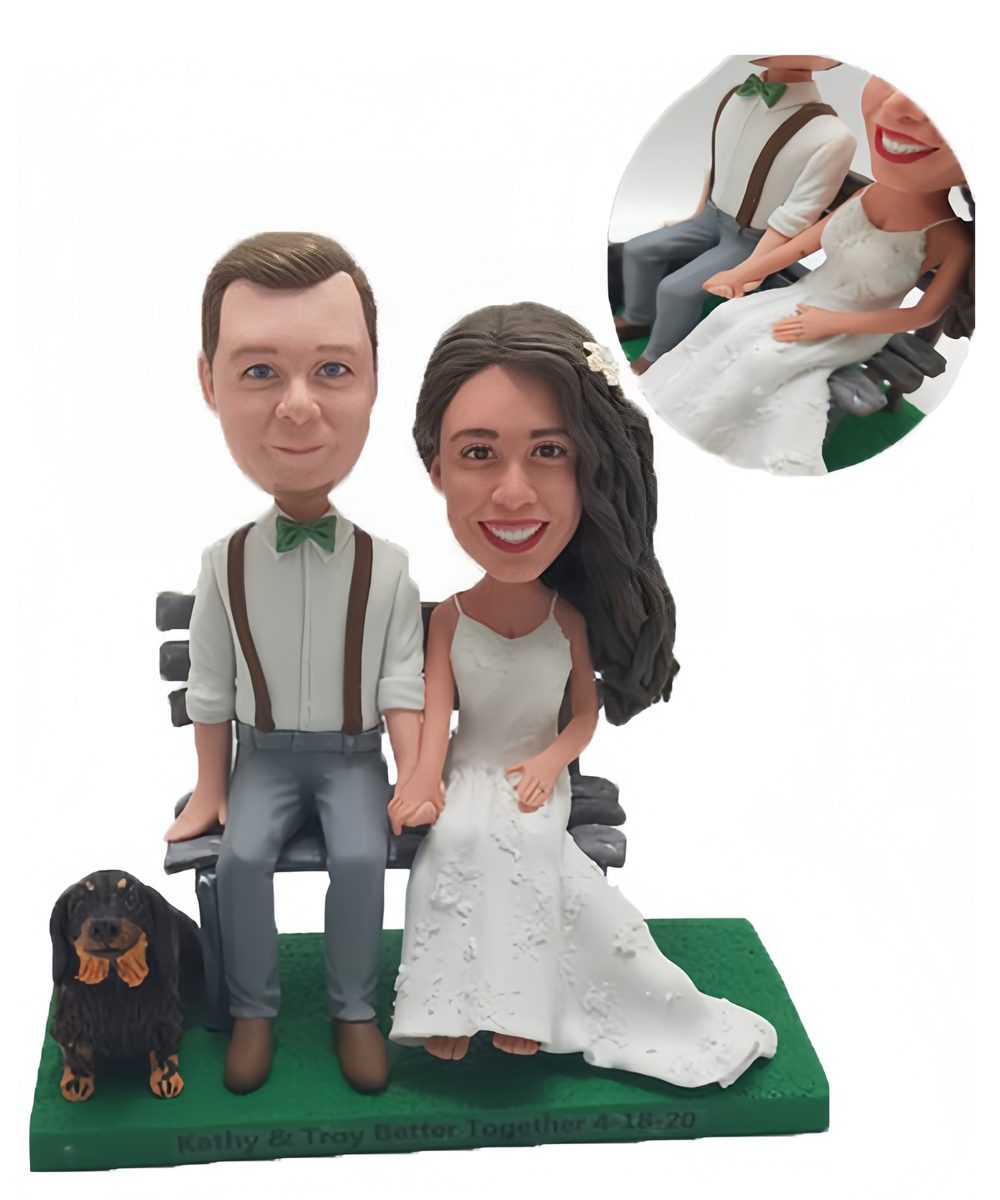 Personalized cake toppers bride groom sitting on bench