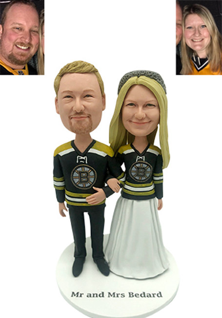 Custom wedding cake toppers Boston Bruins fans from photo