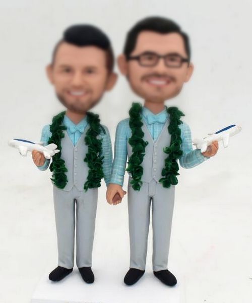 Custom wedding cake topper with leis 2 grooms cake toppers