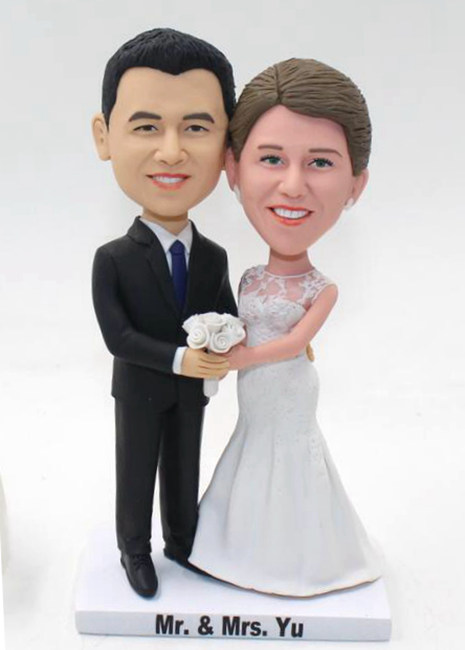 Custom cake topper Asian groom & Caucasian bride