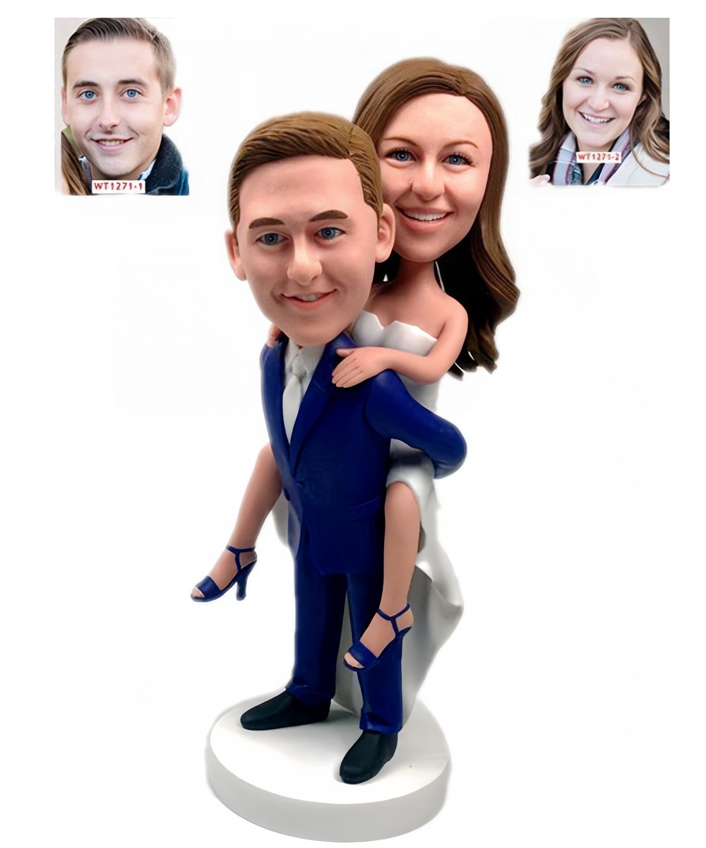 Custom wedding cake topper bride on groom's back