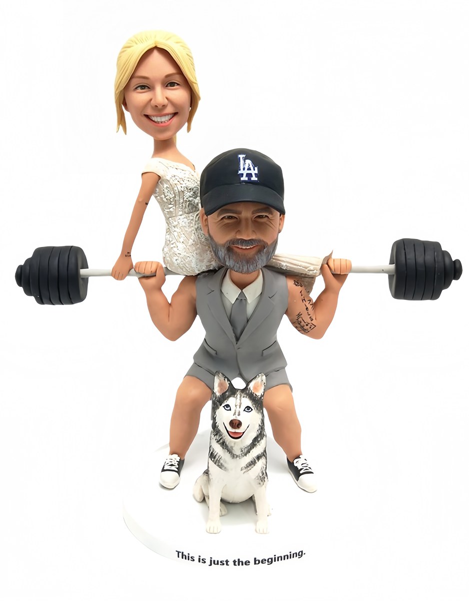 Custom cake toppers weightlifting groom bride sit on barbell